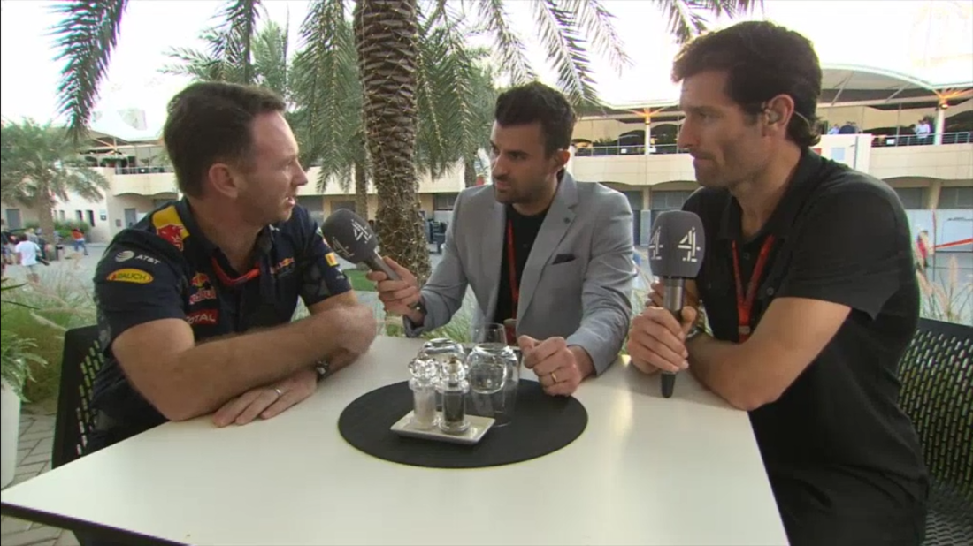Throughout Channel 4's Bahrain Grand Prix qualifying programme, the team positioned themselves at different vantage points. Here, Christian Horner talks to Steve Jones and Mark Webber from Red Bull Racing's hospitality.